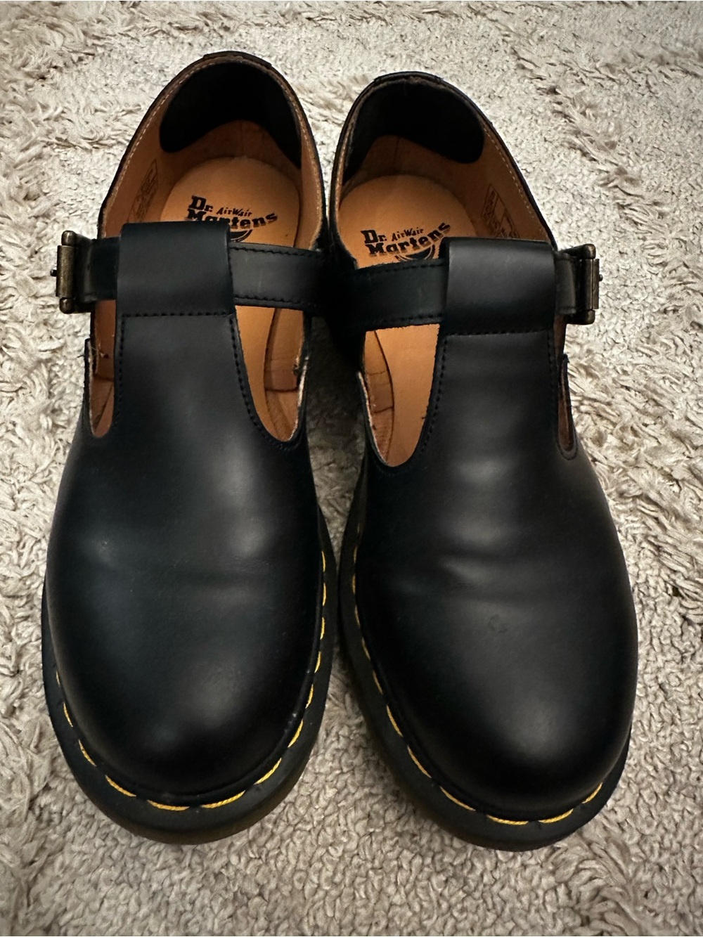 Dr. Martens Women Black Leather Mary Jane’s Shoes with Yellow Stitching